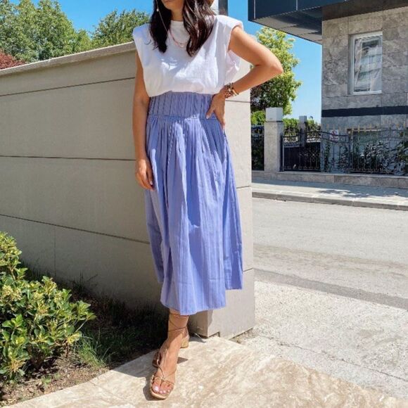 ZARA Summer Blue Midi Full Skirt Stretchy Weist with embroidery XS - Picture 3 of 11